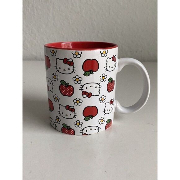 Sanrio Hello Kitty Polka Dots Apples Daisies All Over Red Ceramic Mug 20oz NEW - Picture 1 of 9